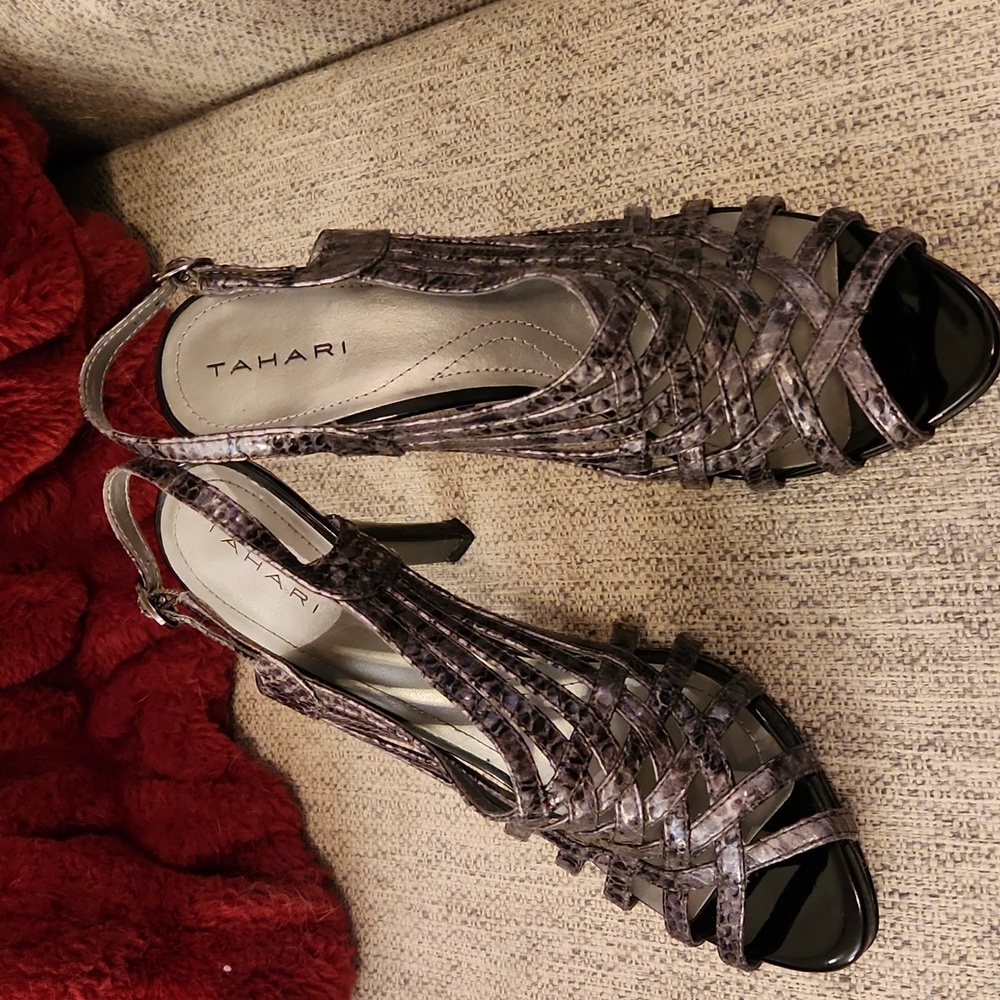 Tahari Women's Gray Aninal Strappy Heels